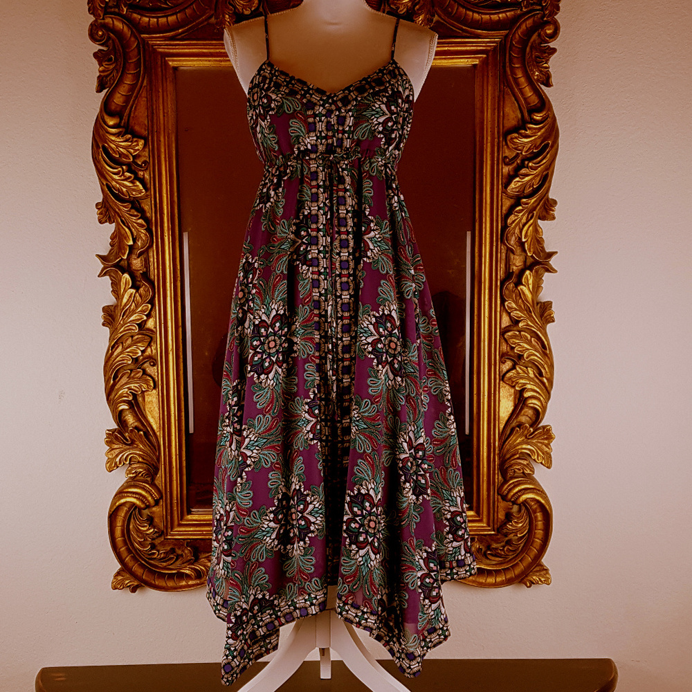 Nicole Miller Purple Floral Midi Dress with Green and Black Accents